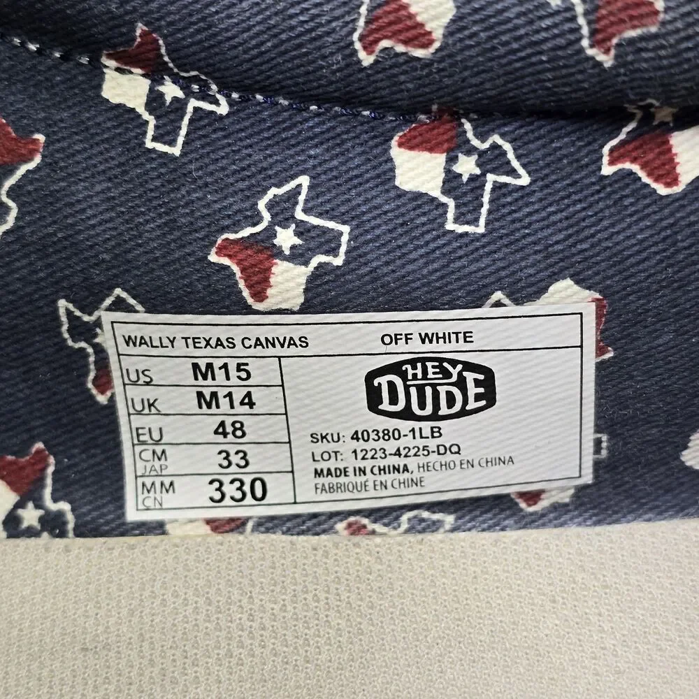 Hey Dude Wally Texas Canvas Men's Size 15 Off White Slip On Shoes (40380)